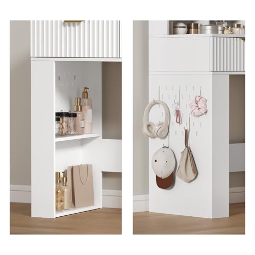 Image of Makeup Vanity Desk with Mirror and Lights, 57 inch Fluted Vanity Dresser Combo & Storage Shelves, Vanity Mirror with Mirror and Lights with 8 Drawers, 3 Color Modes, Dressing Table Set for Girls, White