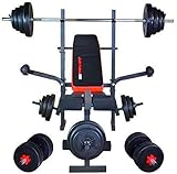 Gesamte Belastbarkeit inkl. Körpergewicht: 200 kg, Beinpresse: max.40kg, Butterfly: je max.30kg; Farbe: Rahmen schwarz, Polsterung schwarz/rot