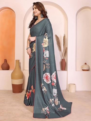 Image of Satrani Women's Tussar Silk Floral Printed Saree with Unstitched Blouse Piece
