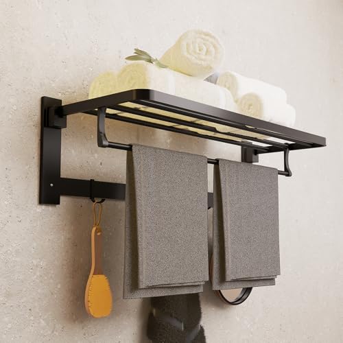 Image of MIORAH 24 Inch Foldable Aluminum Towel Rack for Bathroom - Wall Mounted Double-Tier Towel Holder with Rod & Hooks | Rustproof