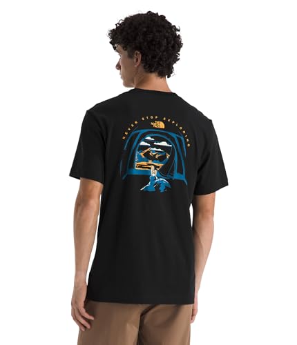 THE NORTH FACE Men's Evolution Tent Short-Sleeve Tee | Cotton Shirt with a Graphic Design, Set-in Sleeves, Ribbed Collar, TNF Black, Medium