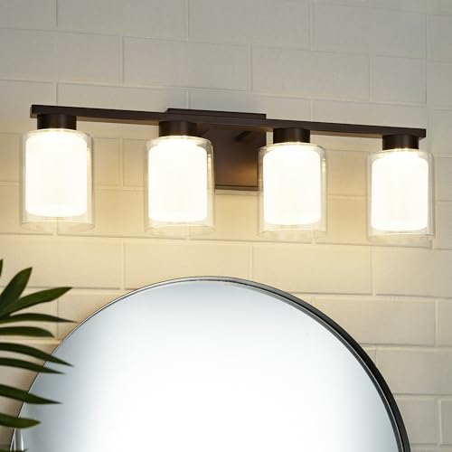 Image of kudos 4-Light Bathroom Light Fixtures, Oil Rubbed Bronze Vanity Lights with Clear Glass and Frosted Glass, Modern LED Wall Sconces for Bathroom, 3000K /4000K /5000K Adjustable, KDVL04-ORB-4