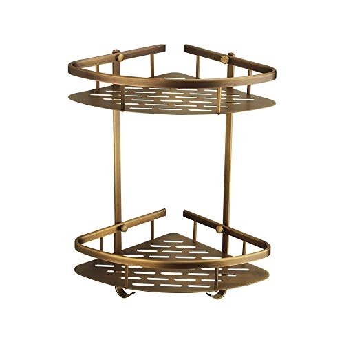 Moddyy Estante de baño doble de latón rústico Antioxidante Inodoro de aluminio Esquina de ducha Ducha Cesta de almacenamiento con 2 ganchos 2 niveles Estantes de almacenamiento triangulares for baño W