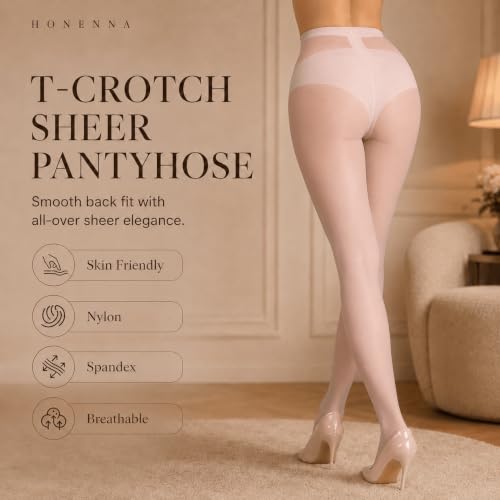 Image of HONENNA Sheer Tights for Women 2 Pairs Ultra Thin Reinforced T Crotch Control Top Pantyhose Stockings
