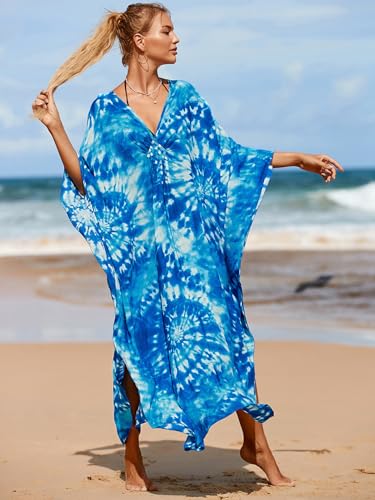 Image of IMAGEKOPE Women's Plus Size Animal Print V-Neck Batwing Kaftan Beach Dress Bathing Suit Cover-Up Loungewear