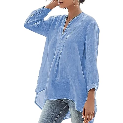 TIAFORD Women's Flowy Linen High Low V Neck Long Sleeve Tunic Top Casual Loose Oversized Comfy Cotton Blouse Shirt