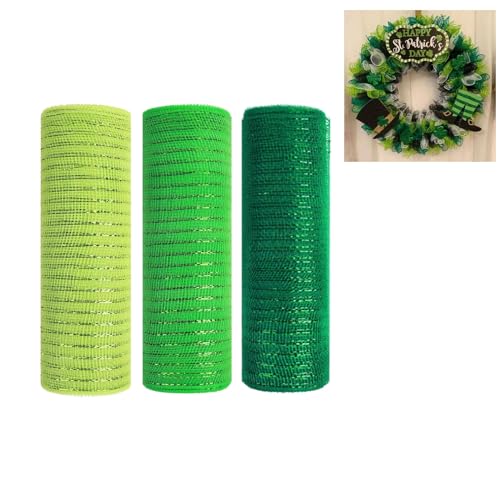 JStnana 3 Rolls Green Deco Mesh Ribbon for Wreath Making Supplies 10 Inch x 30FT Metallic Foil Burlap Deco Mesh Fabric for DIY Crafts Saint Patricks Day Spring Door Wreath Swags and Decorating