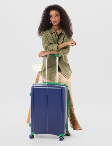 Image of United Colors of Benetton Mid Hard Luggage Emerald Plus - Navy | Check-in Trolley Bag with TSA Lock | 360 Spinner Double Wheels | Telescopic Handle | PC Shell Suitcase | 65cm | 82L Capacity