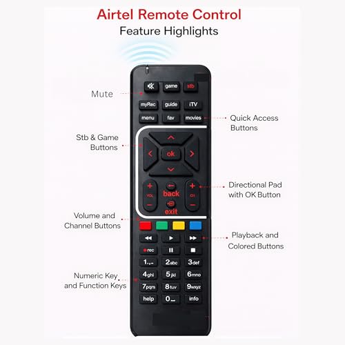 Image of Original Remote Control Compatible with Airtel Digital Dish TV DTH | SD & HD Recording | Setup Box Remote, Shining Black | 1 Piece