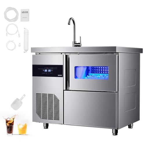 VEVOR Commercial Ice Maker Machine, 132 lbs/24H Stainless Steel Worktop Ice Machine with Sink, 30 lbs Storage & 70 Cubes/Cycle, Self-Cleaning Freestanding Ice-Making for Home Bar Restaurant Kitchen