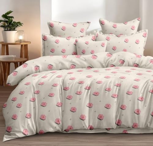 Image of DECOR2ADMIRE 300TC Glace Cotton Printed Super King Size Double Bedsheet with Two Pillow Covers, 108 x 108 Inches or 9 Feet x 9 Feet - (Pink Blossom Whisper)