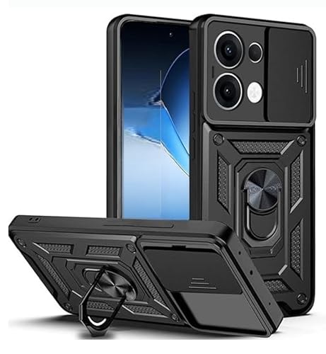 Image of SPAZY CASE Oppo K13 5g Back Cover | Heavy Duty Hybrid Case with 360 Degree Rotating Finger Ring Holder + Slider Shutter Camera Protection Case for Oppo K13 5g - Black