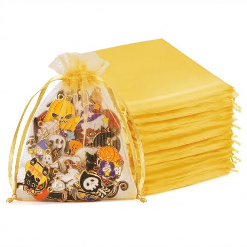 Image of Crweety 50 Pcs 4x6 Inch Gold Organza Bags, Small Mesh Gift Bags Drawtring for Wedding Favor Candy Bridal Shower Party Favor, Luxury Jewelry Pouches for Birthday Treat Decor & Graduation Gift Wrap
