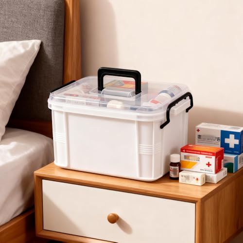 Image of HEY FOLY 15qt White Medicine Organizer Storage Box with Tray, Plastic First Aid Box Empty, Thickened Medicine Container Chest, Multipurpose Medical Case with Labels, Medicine Caddy with Lids Handles