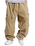 Kinghua Baggy Cargo Pants Men Casual Loose Fit Elastic Waist Cotton Twill Y2K Pants Baggy Pants (34, Khaki)