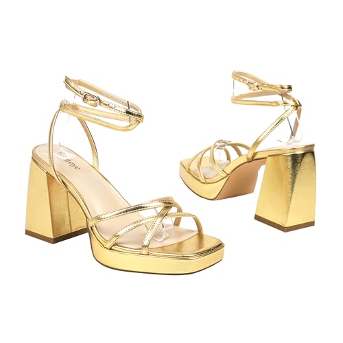 Image of Reitoye Strappy Platform Heels for Women Ankle Strap Chunky Block Heel Square Open Toe Heeled Sandals for Party Wedding Prom Dress