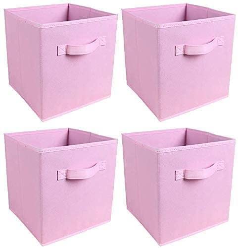 Qinlee 4 Pack Fabric Basket Bin Collapsible Storage Cube for Nursery, Toys Organizer, Shelf Cabinet(Pink)