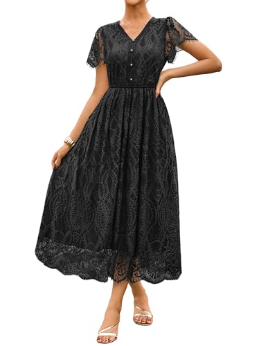 Damen Elegantkleid mit Kurzarm Spitze Lange A-Linie Strand Kleid CL343-01 L