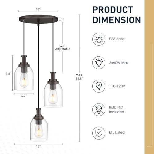 Image of zeyu 3-Light Pendant Lighting, Adjustable Farmhouse Cluster Pendant Light for Kitchen Dining Room, Oil Rubbed Bronze Finish with Clear Glass Shade, ZG33-3 ORB