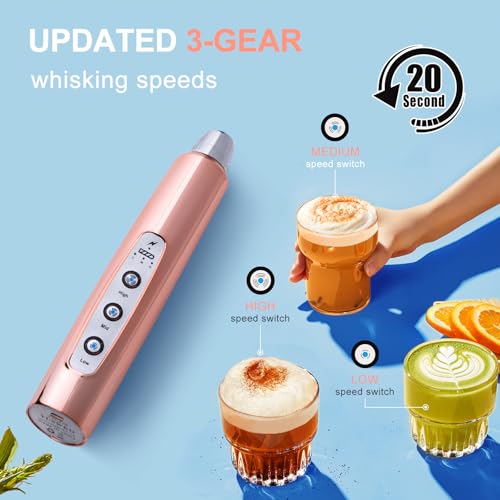 Image of YUSWKO Rose Gold Handheld Milk Frother Wand for Coffee, Rechargeable Electric Whisk with 3 Heads 3 Speeds Drink Mixer Coffee Frother For Latte, Cappuccino, Hot Chocolate, Egg