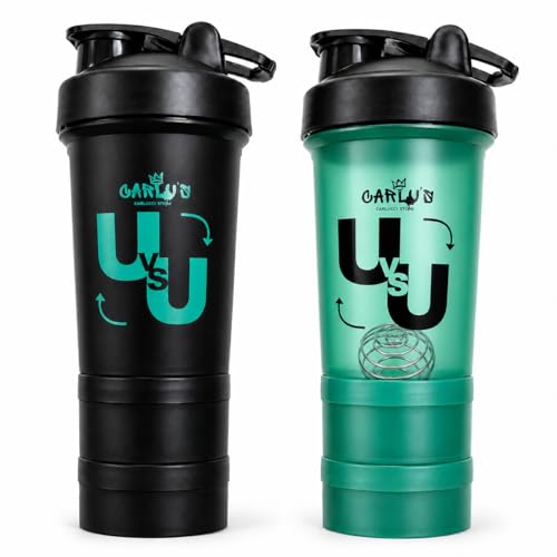 Carlus Protein Shaker 2er Set 500ml 4 Pulverfächer 2 Edelstahl-Mixball & 2 Tabletten-Organizer BPA-frei auslaufsicher spülmaschinenfest Eiweiß Shaker für Fitness Gym & Sport
