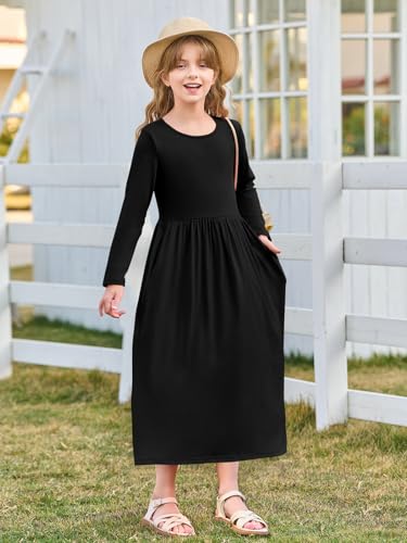 Haloumoning Girls Maxi Dress Long Sleeve Casual Holiday Dress with Pockets for 5-14 Years3