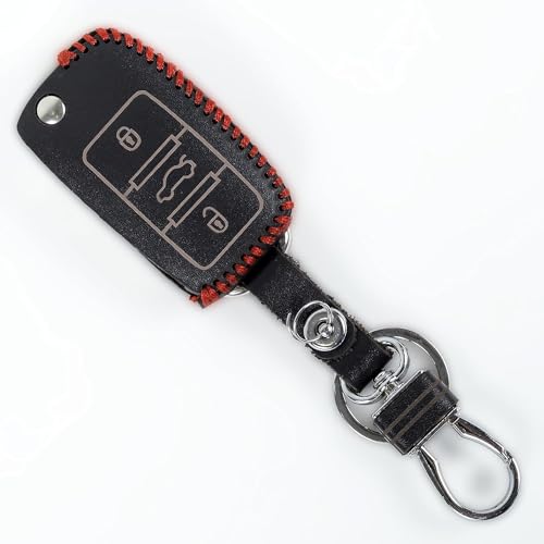 Image of Leather Smart Car Key Cover Case with Metal Hook Keychain for Skoda Octavia<2014, Rapid, Yeti, Superb, Laura, Fabia, Volkswagen Jetta, Vento, Polo, Ameo (Black)