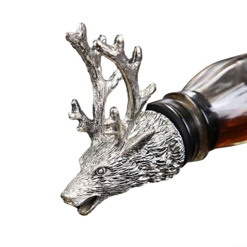 ComfyHarbor Venado cabeza vino botella vertedor y tapón, 2 en 1 aireador de metal, con sello cónico, para verter sin goteo, herramienta de barra rústica, para cazadores, cabañas, cuevas de hombre