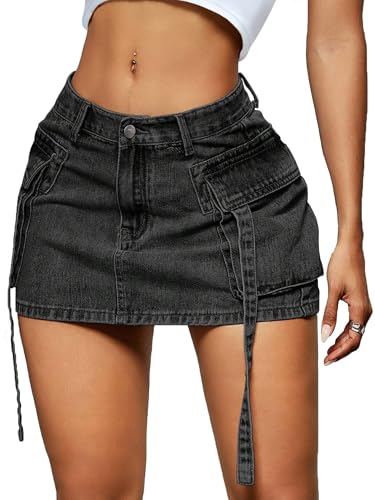 LOLILRSD Women Cargo Skirt Denim Mini Low Waist Y2K Jean Skirts with Pockets(DGA,L)