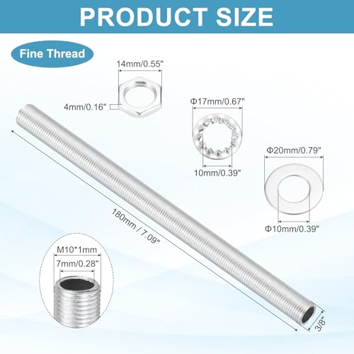 Image of MECCANIXITY 35Pcs 7.1 inch Lamp Pipe Nipples Kit with Hex Nuts Washers, M10 Fine Threaded Hollow Tube Repair Hardware Fasteners Assortment for Assembly Chandelier Ceiling Lamp DIY, Silver