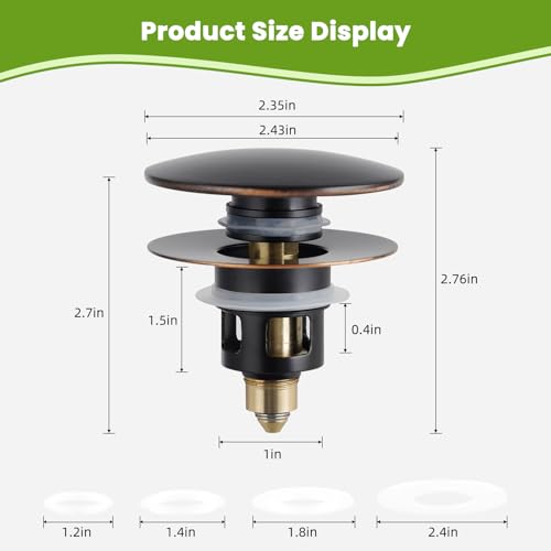 Image of Universal Bathroom Sink Drain Stopper Strainer, 2PCS, Oil Rubbed Bronze | 2 in 1 Pop Up Sink Stopper for 1.1''~2.36'' Sink Basin Hole, Hair Catcher with Removable Stainless Steel Filter Basket