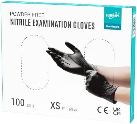 EUROPAPA® Rękawiczki jednorazowe z nitrylu, 100 sztuk, bezpudrowe, bezlateksowe rękawiczki do badań, niesterylne (XS, czarne)