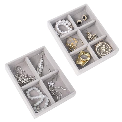 Nwvuop Lot de 2 plateaux de rangement pour boucles d'oreilles, 6 compartiments et 4 compartiments empilables pour tiroir de rangement de bijoux, 12 x 9 x 2,5 cm (gris)