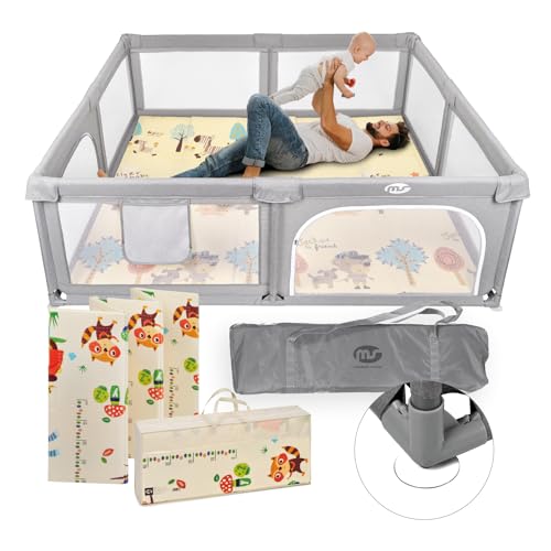MS Parco XXL + tappeto da gioco per bambini 180 x 200 cm - doppio lato, tappetino molto imbottito (1 cm spesso), parco molto grande -pieghevole e con borsa per il trasporto