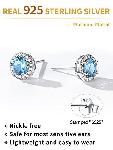 Chicsilver Women March Birthstone Jewelry 925 Sterling Silver Round Blue Aquamarine Stud Halo Earrings 7Mm Birth Stone Hypoallergenic Earrings #TOP5