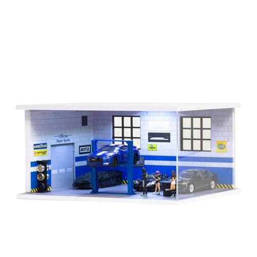 1/64 Scale Cars Display Case for Model Car Display and Storage, Stackable Garage with LED Light and Clear Acrylic Cover for Hot Wheels & Matchbox Dioramas Repair Store (Type D)