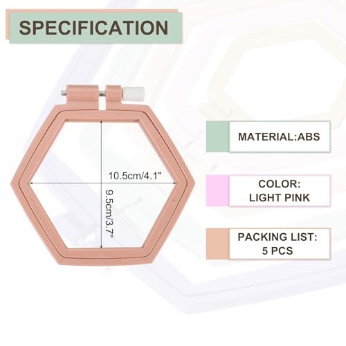 Image of PATIKIL 5 Pieces 4.1 inch x 3.7 inch Hexagonal Embroidery Hoops, Adjustable Cross Stitch Hoops Ring ABS Plastic Embroidery Frame Punch Needle Hoop for Sewing, Needlework, DIY Craft, Light Pink