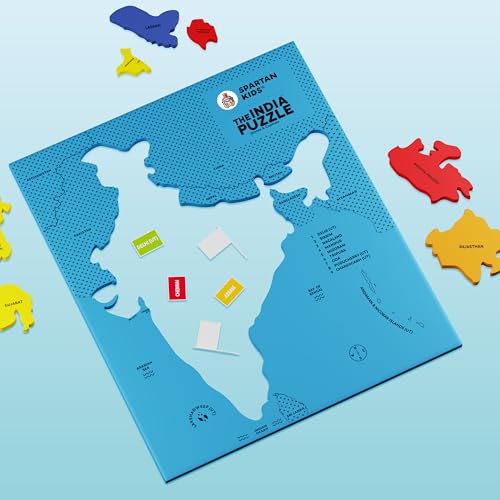 Image of SPARTAN KIDS India Map Puzzle, Learn Indian States & Capitals, Educational Toy for Ages 4-8, 25-Piece Jigsaw with Foam Frame, 33 Flags, 70 Capital Stickers, Geography Gift for Kids