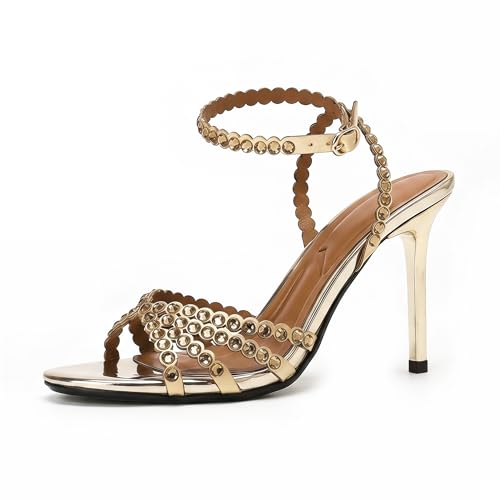 On feet& in love Metallic strappy high-heeled sandals with unique rhinestone embellishments on the ankle strap and an open-toe design, perfect for an elegant party look