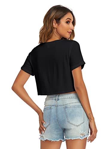 Womens Basic Summer Round Neck Crop Tops Loose Rolled Short Sleeve Solid Tee Shirt3
