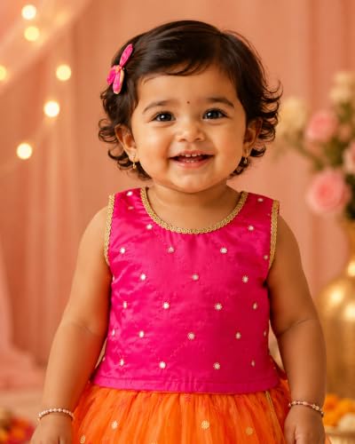 Image of Girls Designer Lehenga Choli Set Orange Rani Pink Readymade Pattu Pavadai Style Traditional Ethnic Dress for Baby Girls Kids Festive Wedding 3Months-8 Years