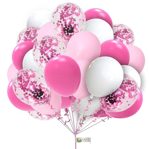 Hot Pink & White Balloons - Pack of 30 x 10in Metallic Pink Confetti Latex Balloons for Girls' Theme Birthday, Baby Showers & Weddings