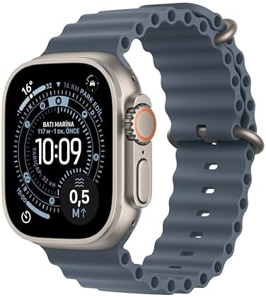 Apple Watch Ultra 3 GPS + Cellular 49 mm Koşu ve Çoklu Spor İçin Sağlam Titanyum Natürel Kasaya Sahip Üst Düzey Akıllı Saat ve Demir Mavisi Ocean Band - One Size — Amazon ürün görseli