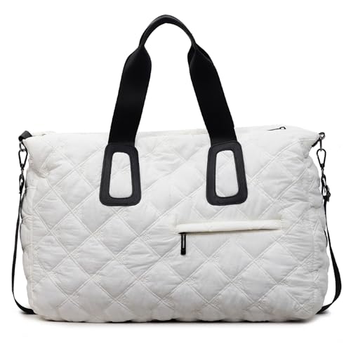 Suweir Reisetasche Damen Puffer Weekender Handgepäck Tasche Wasserabweisende Wickeltasche 38L Sporttasche Mit Nasse Tasche Gym Travel Bag Kliniktasche Geburt für Reisen, Fitness, Yoga Weiß