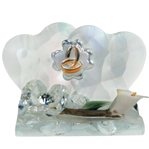 DLM-A998 Bomboniere Coppia Cuori in Cristallo con FEDI Fiore e Strass Diamante Brillante per Matrimonio 25 Anniversario e 50 Anniversario Nozze d'oro