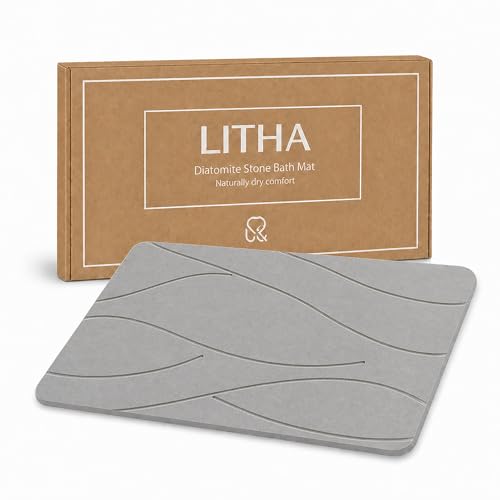 R RIAMBAU Alfombra Diatomita Baño - Antibacteriana y Antideslizante 40x60 cm - Alfombrilla de Baño de Piedra Diatomeas de Secado Rápido, Super Absorbente - Tapete Baño Piedra (Gris)