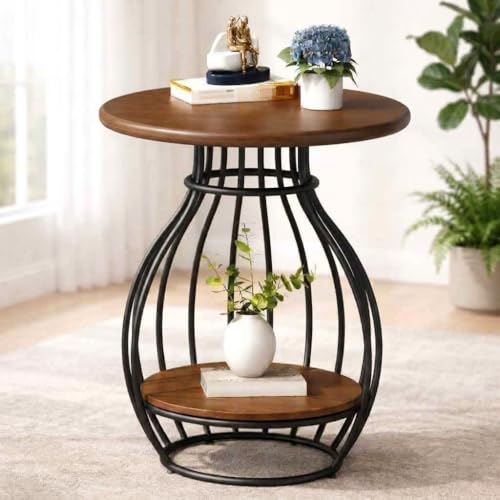 Image of Al Hama 2 Tier Coffee Table: Minimalist Nordic Style White Elegant Round Tables Tea Table Sturdy Metal Frame Corner Table Bedroom Bedside Table (Black Brown)