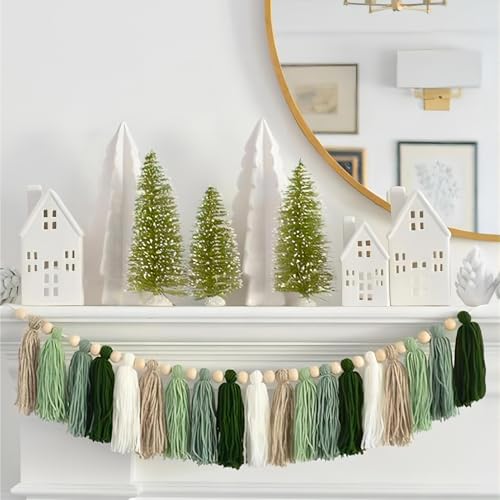 Image of Green Tassel Wood Bead Garland Wall Hanging In Home Decor For Nursery Kids Bedroom Birthday Baby Shower Party Decoration