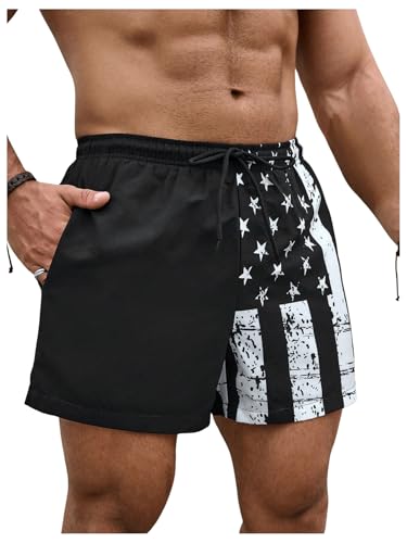 SHENHE Men's Swim Trunks with Compression Liner American Flag Print Board Shorts Bathing Suit