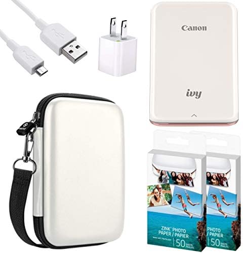 Canon IVY Mobile Instant Mini Photo Pocket Printer through Bluetooth, Portable, Rose Gold, Includes 2x3” Zink Photo Paper Sticker (100 Sheets), Protective case and USB Charging Cable with Wall Adapter